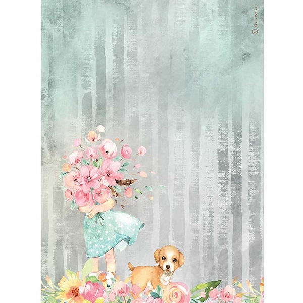 Carta di riso A4 Circle of love bouquet e cani Stamperia