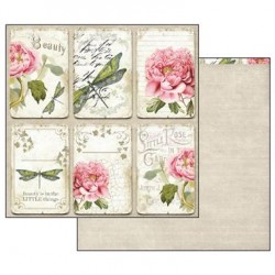 Carta scrap targhette peonie e libellule Stamperia